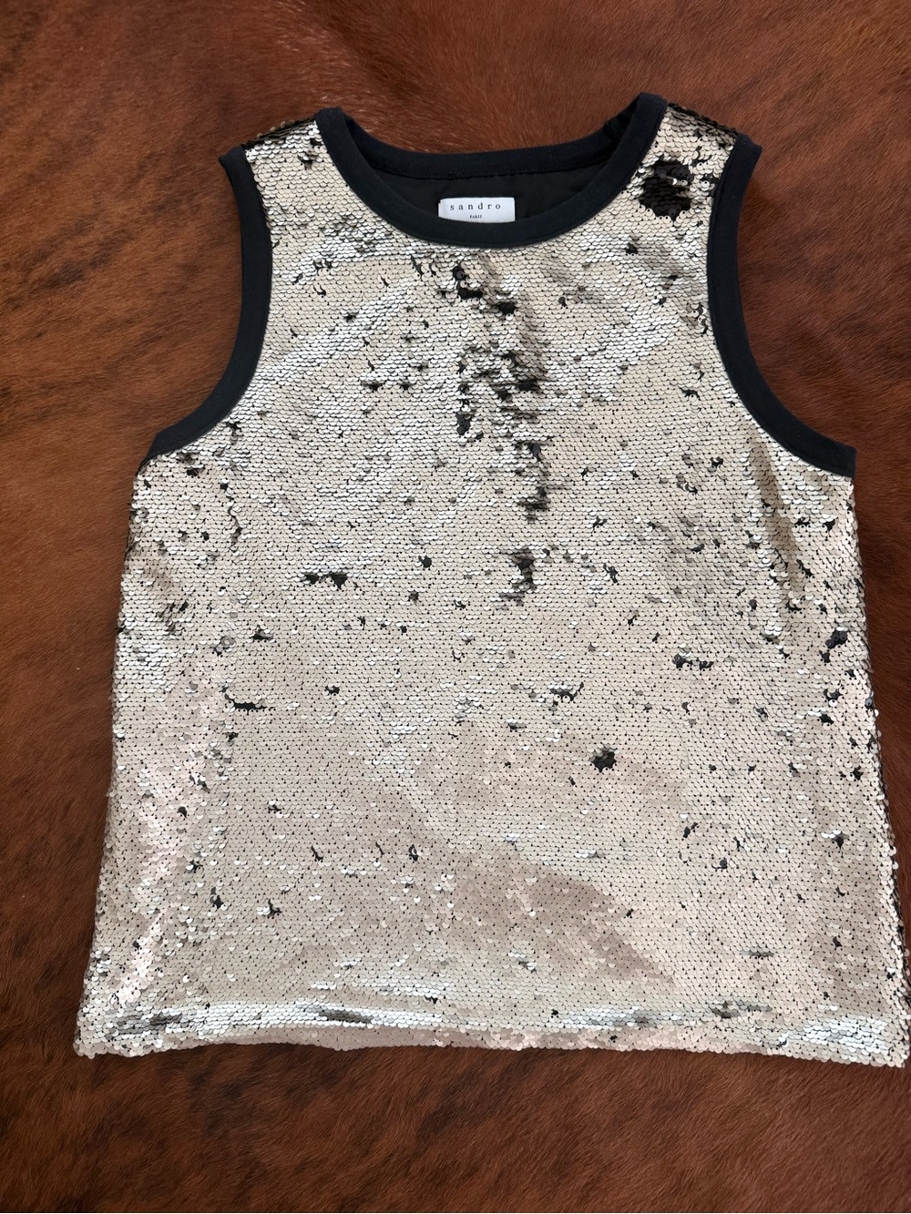 Sandro Gold Sequin Tank Top with Black Trim